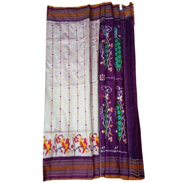 Purple and light  pink colour pochampally double ikkat silk saree with beautiful peacock design - Image 4