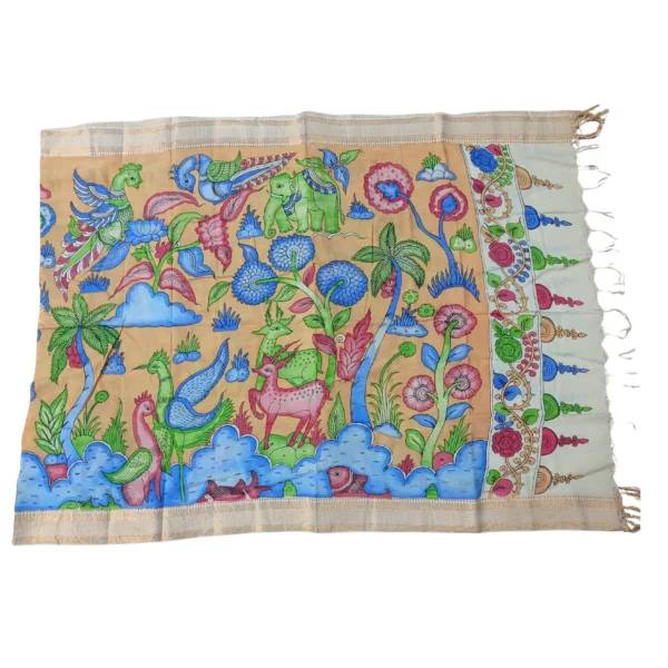 Yellow colour pen kalamkari dupatta with beautiful animal motifs