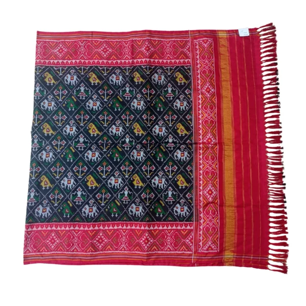 Red and black colour rajkot patola dupatta with beautiful parrot and elephant design
