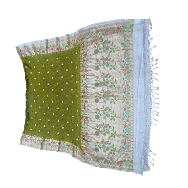 Green colour Bandhani paithani dupatta with beautiful floral and peacock design