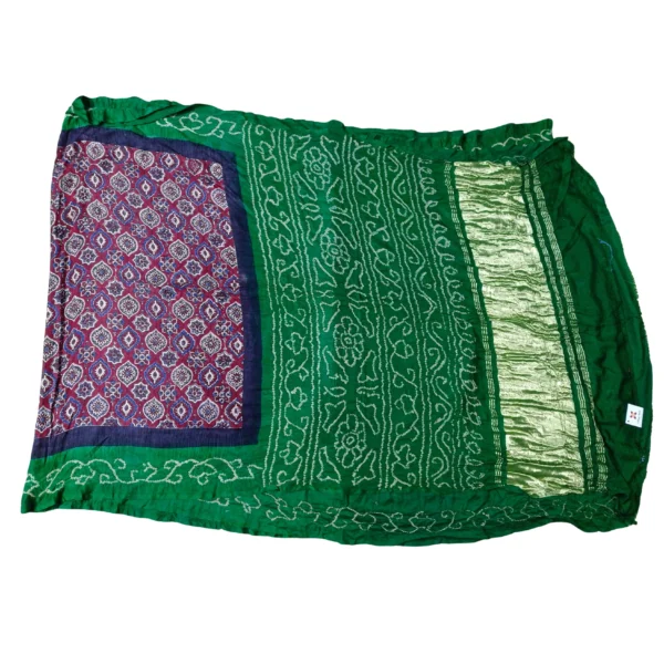 Maroon and green colour Ajrakh bandhani saree - Image 3