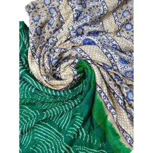 Green and beige colour Ajrakh bandhani saree