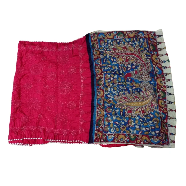 Red colour bandhani kalamkari saree with beautiful peacock design - Image 3