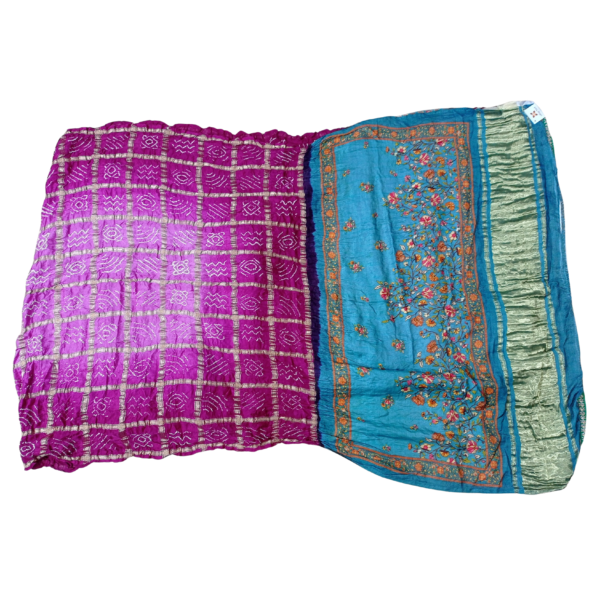 Pink and blue colour garchola bandhani Pichwai saree - Image 3