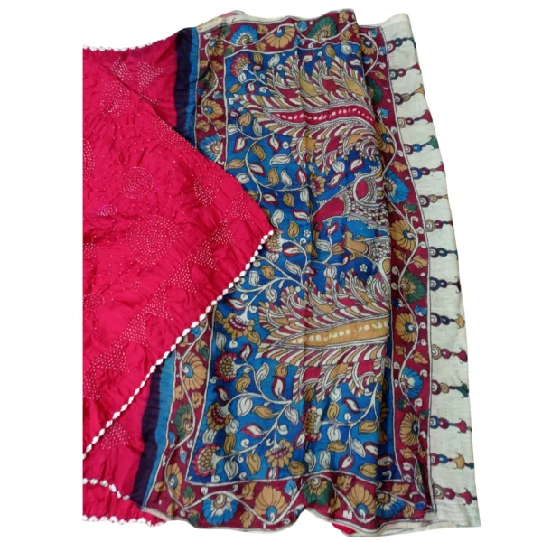 Red colour bandhani kalamkari saree with beautiful peacock design - Image 2