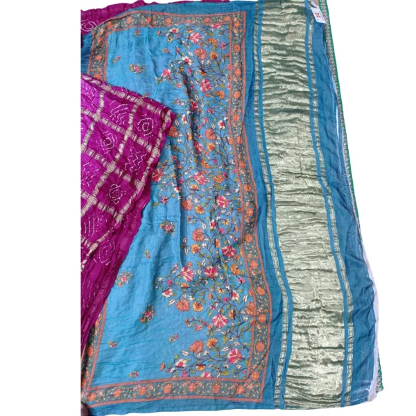 Pink and blue colour garchola bandhani Pichwai saree - Image 2