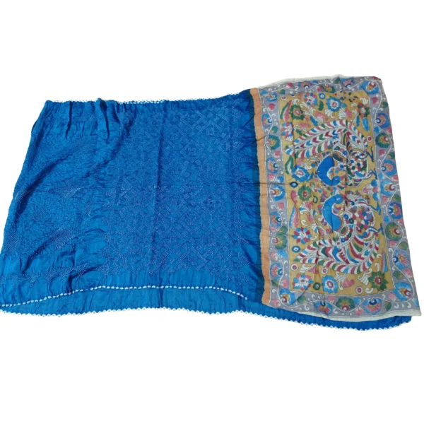 Blue colour bandhani kalamkari saree with beautiful peacock design - Image 3