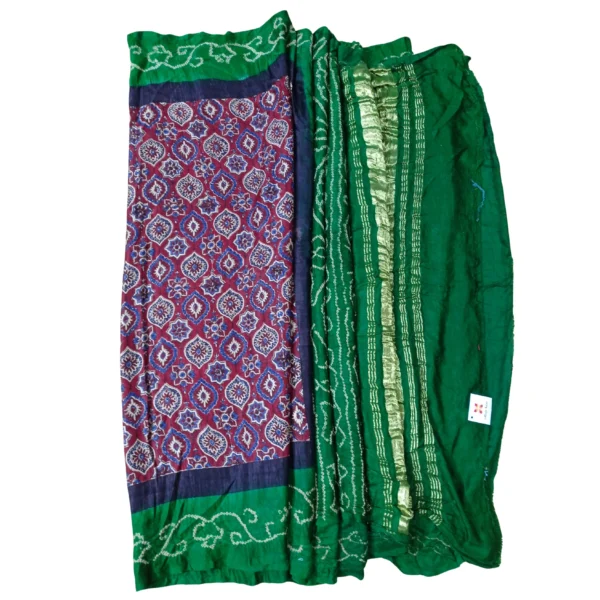 Maroon and green colour Ajrakh bandhani saree - Image 4