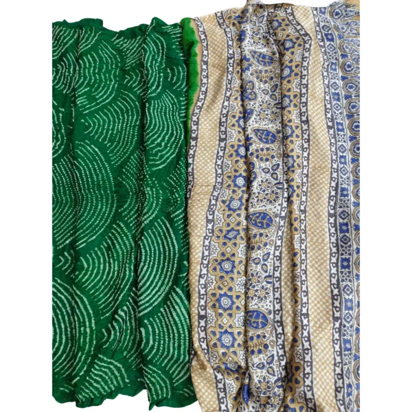 Green and beige colour Ajrakh bandhani saree - Image 2