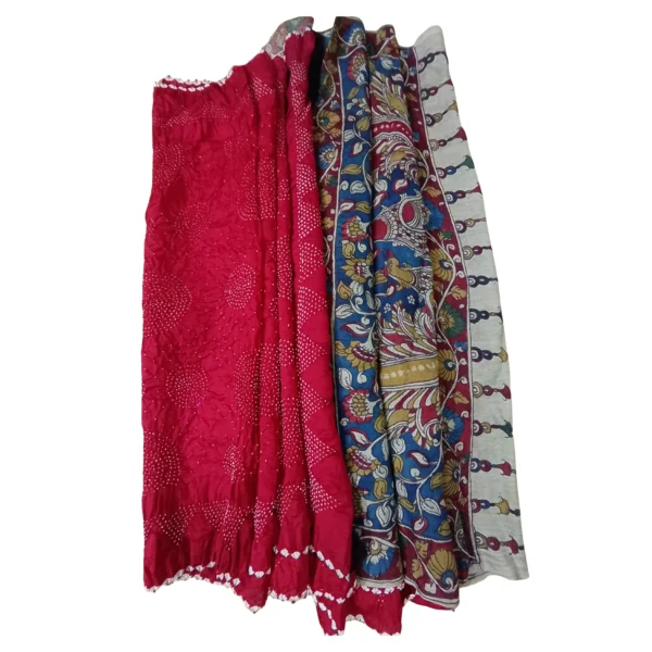 Red colour bandhani kalamkari saree with beautiful peacock design - Image 4
