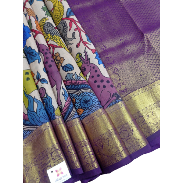 Beige and purple colour kanjeevaram pen kalamkari saree with beautiful deer and floral design