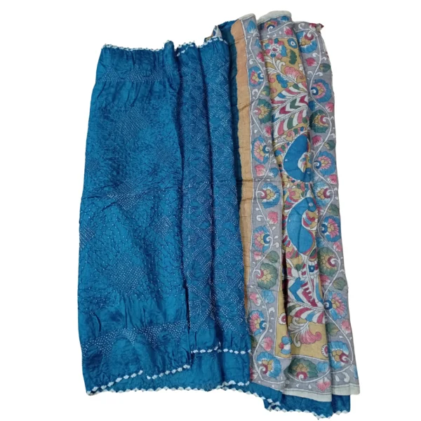 Blue colour bandhani kalamkari saree with beautiful peacock design - Image 2
