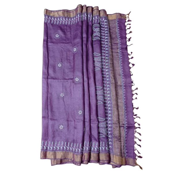 Purple colour Chikankari saree with beautiful floral embroidered - Image 4