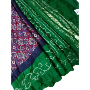 Maroon and green colour Ajrakh bandhani saree