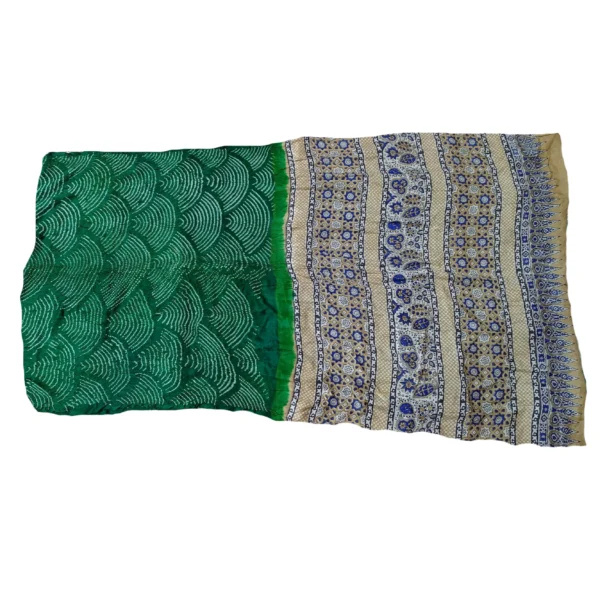 Green and beige colour Ajrakh bandhani saree - Image 3