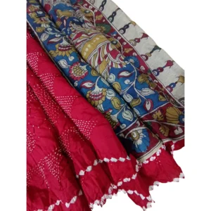 Red colour bandhani kalamkari saree with beautiful peacock design