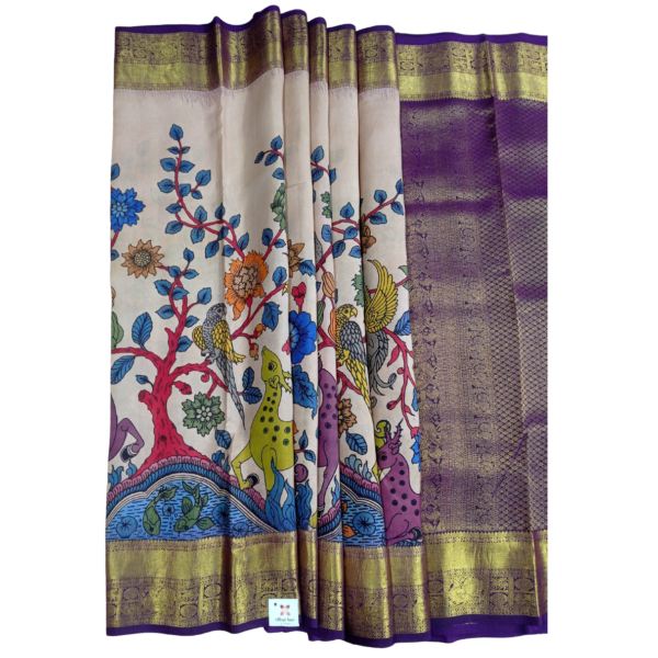 Beige and purple colour kanjeevaram pen kalamkari saree with beautiful deer and floral design - Image 2