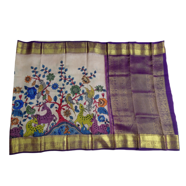 Beige and purple colour kanjeevaram pen kalamkari saree with beautiful deer and floral design - Image 3