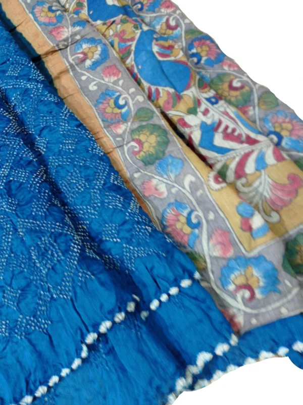 Blue colour bandhani kalamkari saree with beautiful peacock design